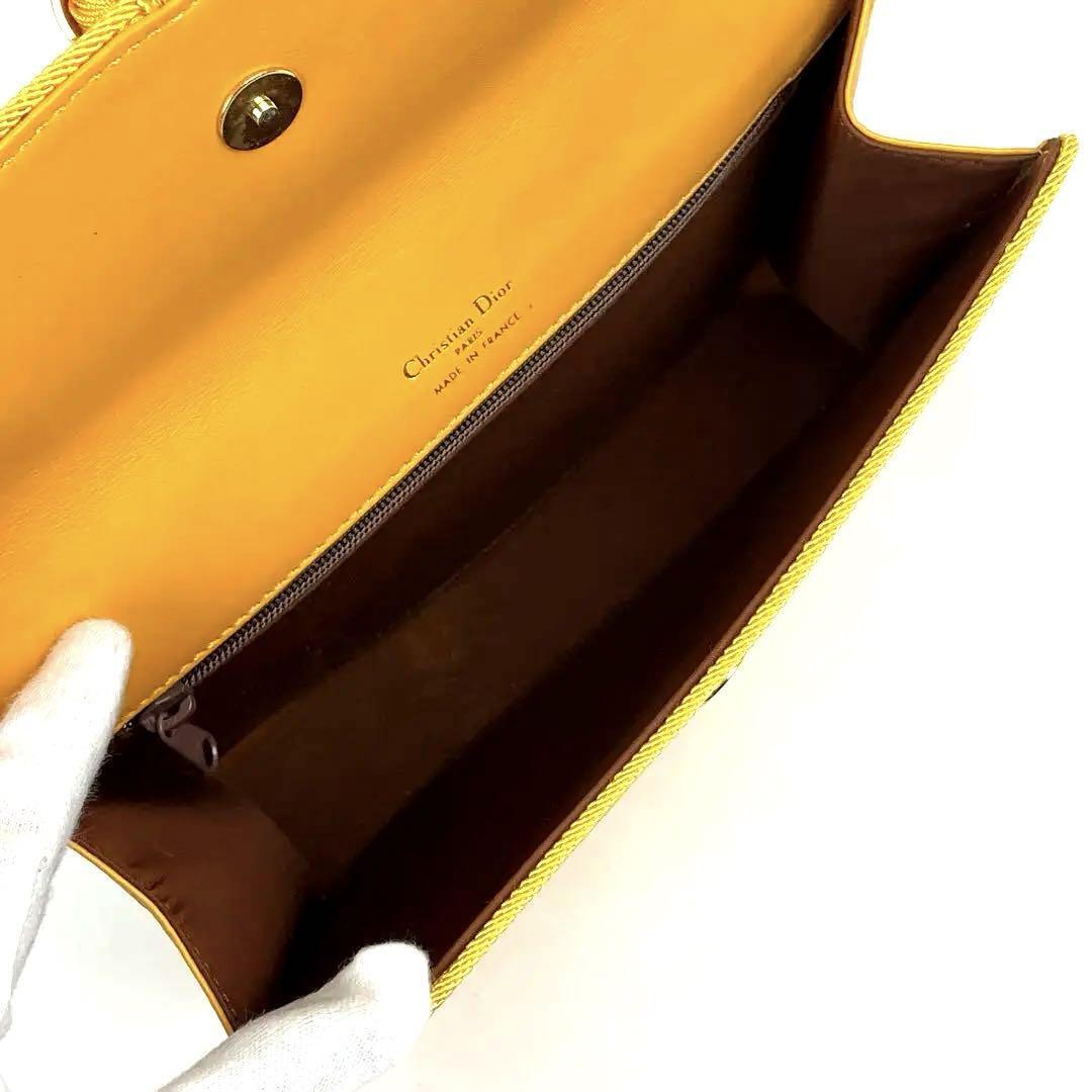 【美品】Christian Dior ディオール クラッチバッグ CD ロゴ型押し ゴールド金具 フリンジ レザー 黄色 イエロー マスタード ポーチ
