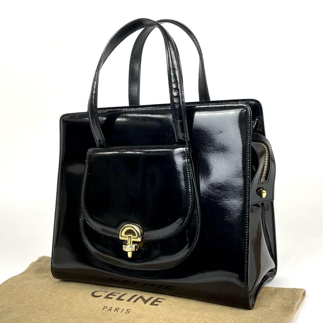 【美品】CELINE セリーヌ ハンドバッグ ゴールド金具 ミニバッグ トップハンドル パテント レザー 黒 ブラック フォーマル 男女兼用 希少_画像2