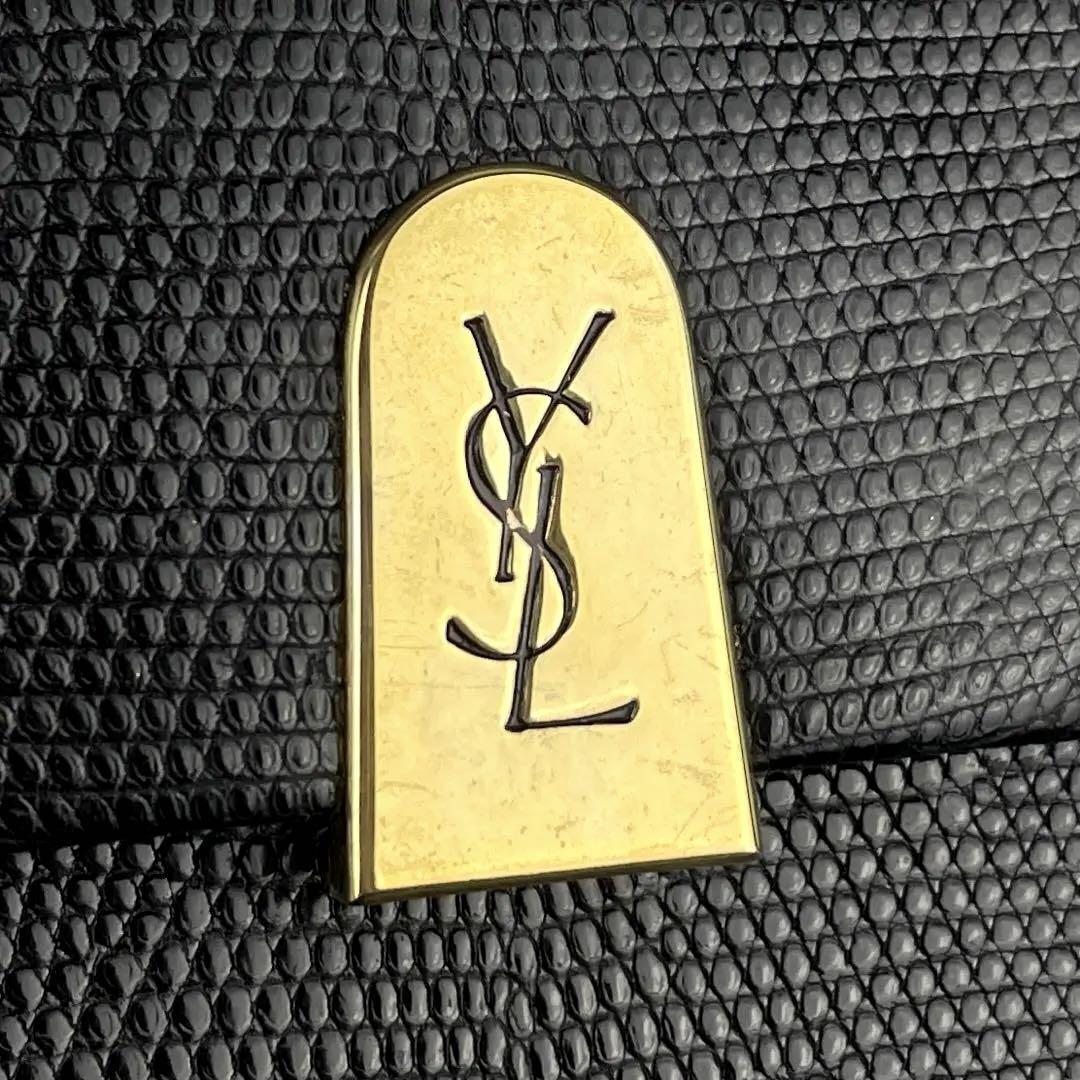 美品●Yves Saint Laurent イヴサンローラン ショルダーバッグ YSL カサンドラ 斜め掛け ゴールド金具 リザード型押し レザー 黒 ブラック_画像3