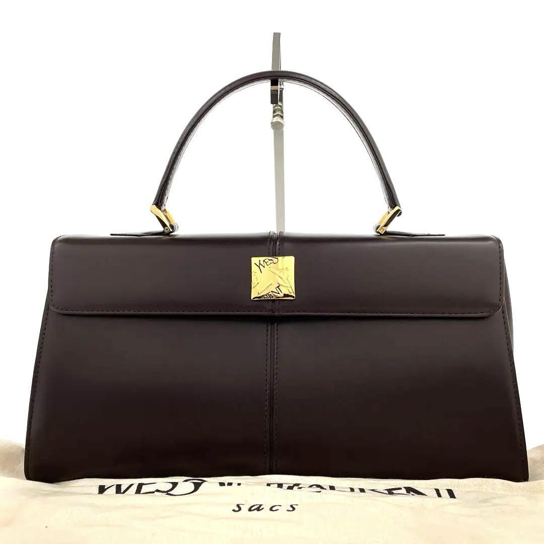 未使用・極美品●Yves Saint Laurent イヴサンローラン ハンドバッグ YSL ロゴプレート金具 ゴールド金具 レザー 焦げ茶色 ダークブラウン_画像1