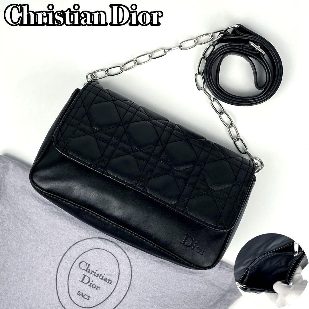 美品●Christian Dior ディオール ショルダーバッグ カナージュ チェーン シルバー金具 斜め掛け ロゴ キルティング レザー 黒 ブラック