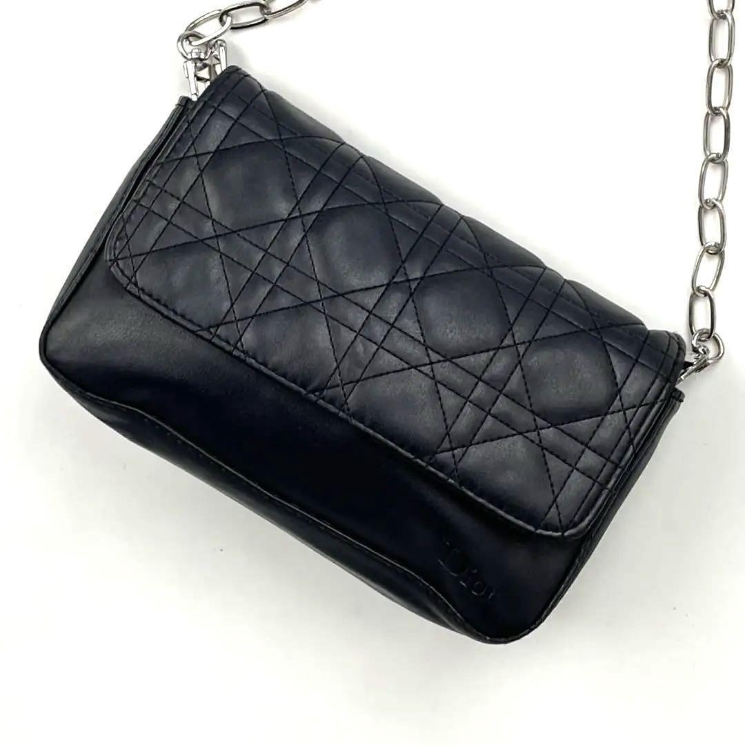 [ beautiful goods ]Christian Dior Dior shoulder bag kana -ju chain 2way diagonal .. silver metal fittings quilting leather black black 