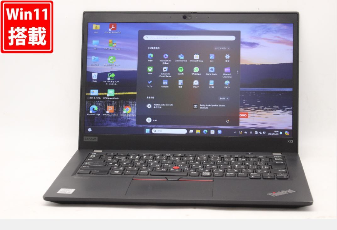 中古良品 フルHD 13.3型 Lenovo ThinkPad X13 Windows11 10世代 i5-10210U 8GB NVMe 256GB-SSD カメラ 無線Wi-Fi6 Office付 中古 管:1814v_画像1