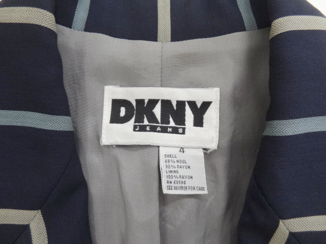 ビンテージ DKNY ダナキャラン ニューヨーク ジーンズ スクール ジャケット 総柄 ストライプ テーラード ウール レーヨン ネイビー カラー_画像5