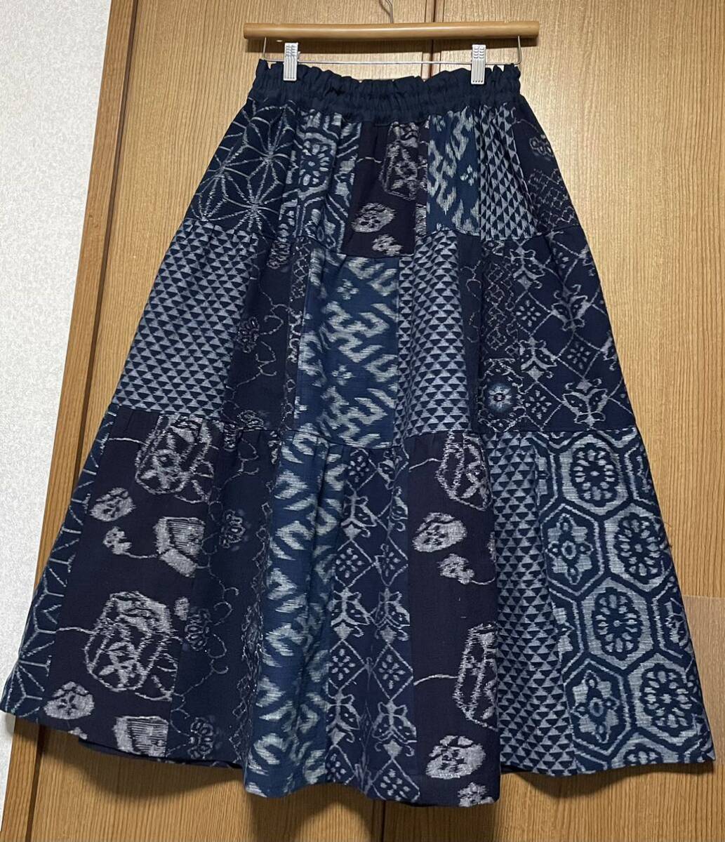 着物リメイク 久留米絣のパッチワークティアードスカート フリーサイズの画像4
