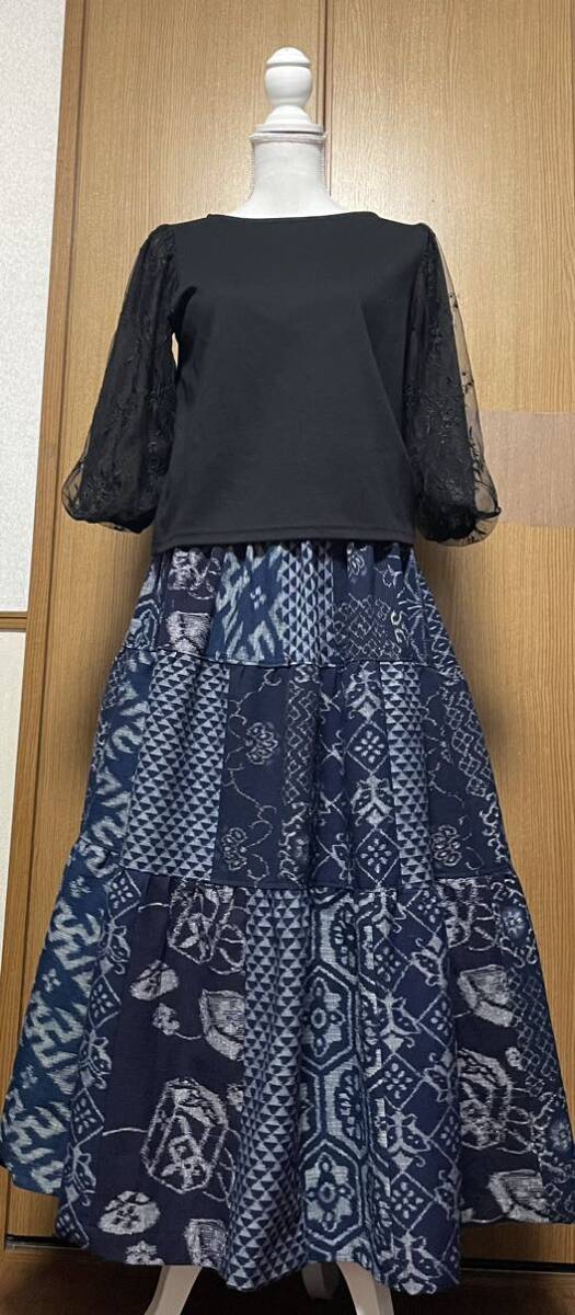 着物リメイク 久留米絣のパッチワークティアードスカート フリーサイズの画像1