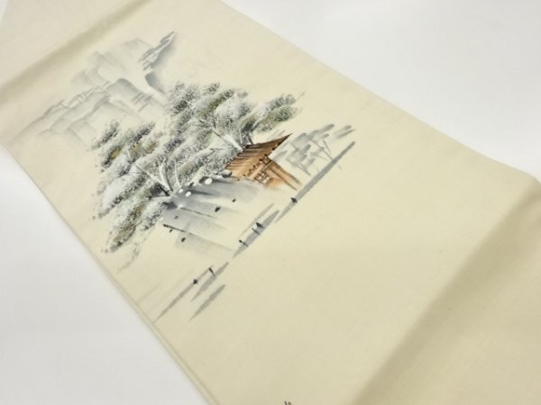 ys6804689; 作家物　手織り紬手描き木々に寺院風景模様名古屋帯【着】