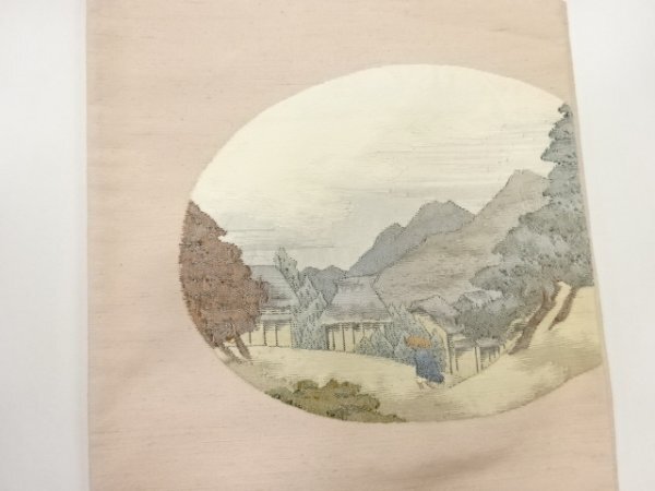 ys6897136; 手織り紬すくい織家屋風景模様織出し袋帯【リサイクル】【着】_画像2