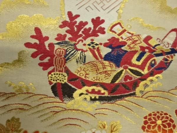ys6905789; Treasure Ship . журавль * сосна бамбук слива *. узор ткань .. maru obi ( "надеты" возможно )[ античный ][ надеты ]