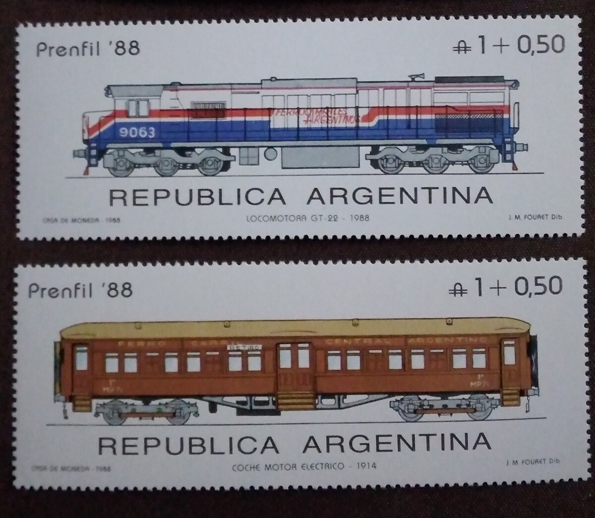 アルゼンチン　1988 プレンフィル'88 鉄道　列車　機関車　客車　汽車　運搬　運輸　4完 未使用糊あり_画像4