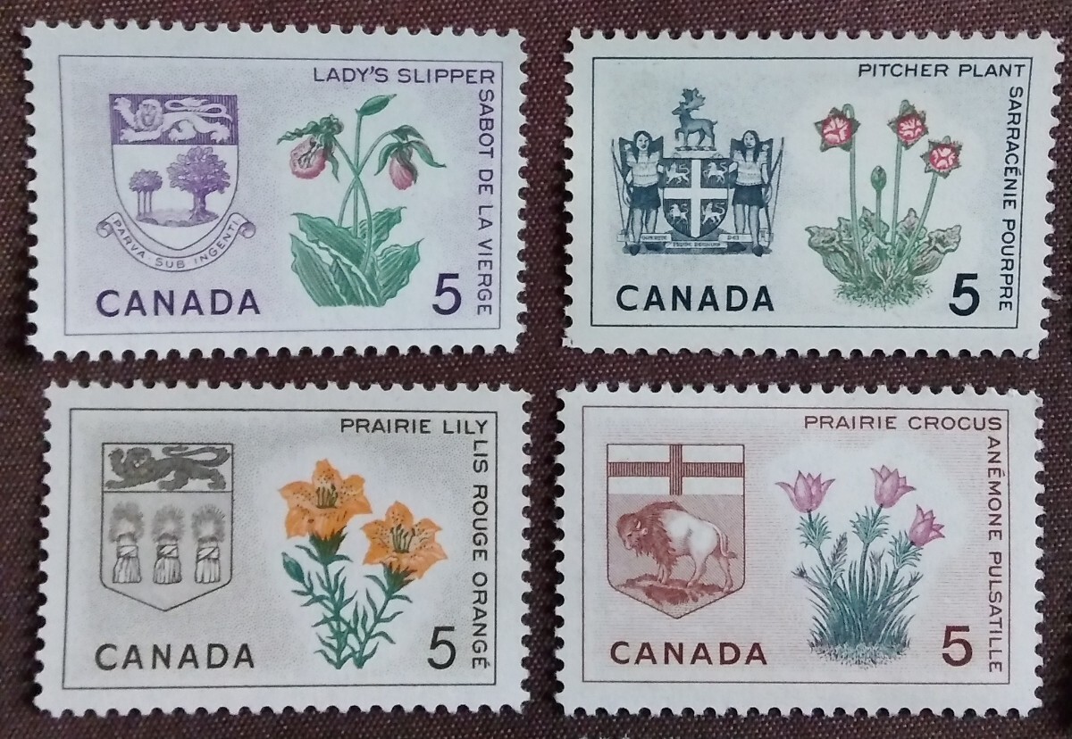 カナダ　1964-1966 州の花と紋章　14種　未使用糊あり　メープルリーフ　植物　花　紋章　_画像3