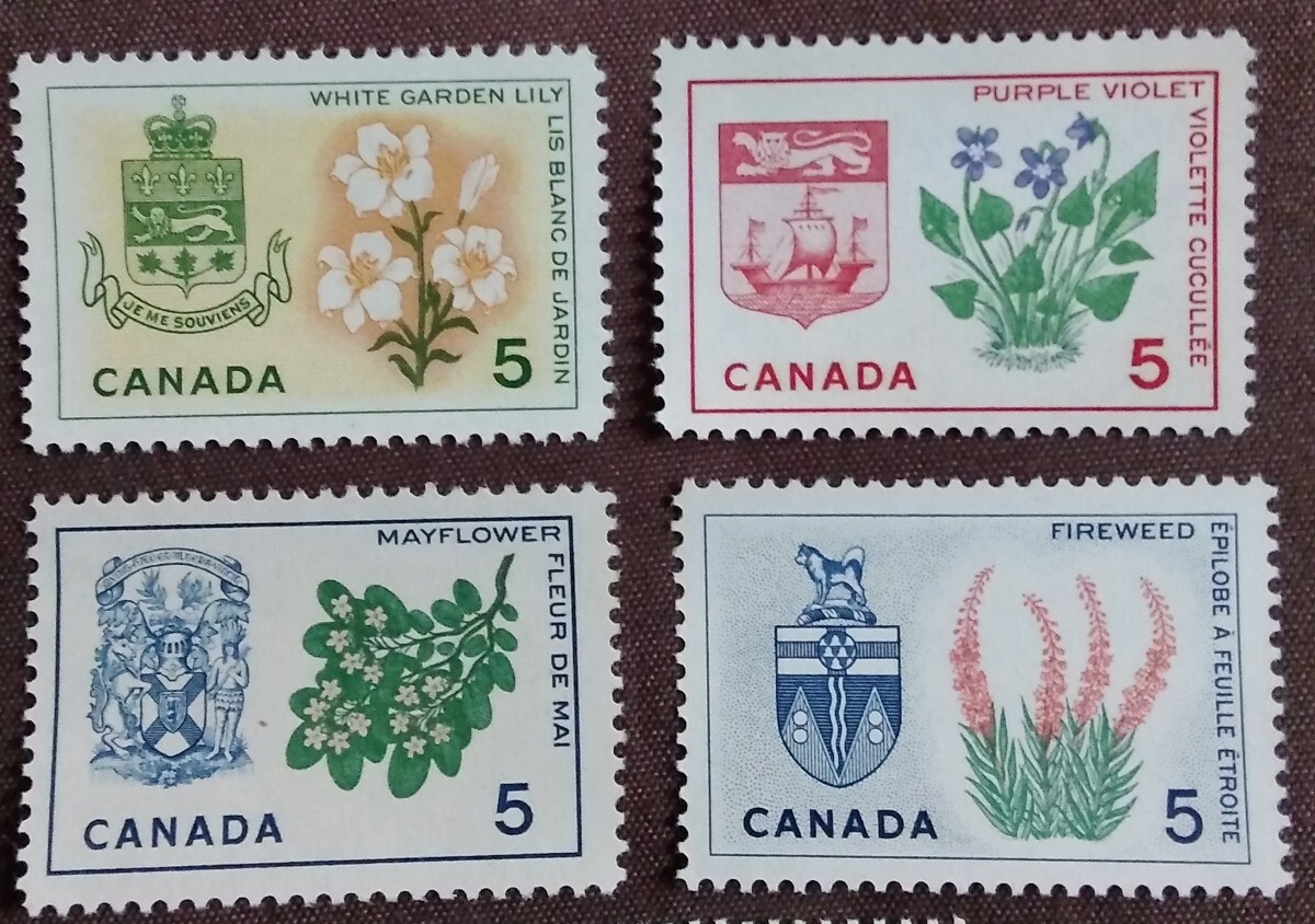 カナダ　1964-1966 州の花と紋章　14種　未使用糊あり　メープルリーフ　植物　花　紋章　_画像4