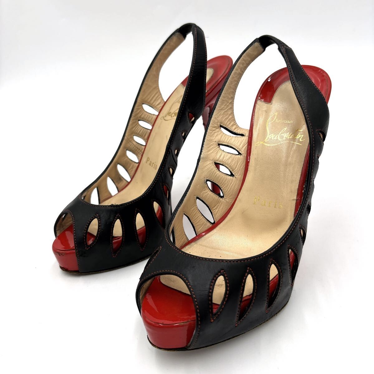 M ＊ イタリア製 '高級婦人靴' Christian Louboutin クリスチャンルブタン 本革 オープントゥ ミュール / ヒール サンダル EU36.5 23cm_画像1