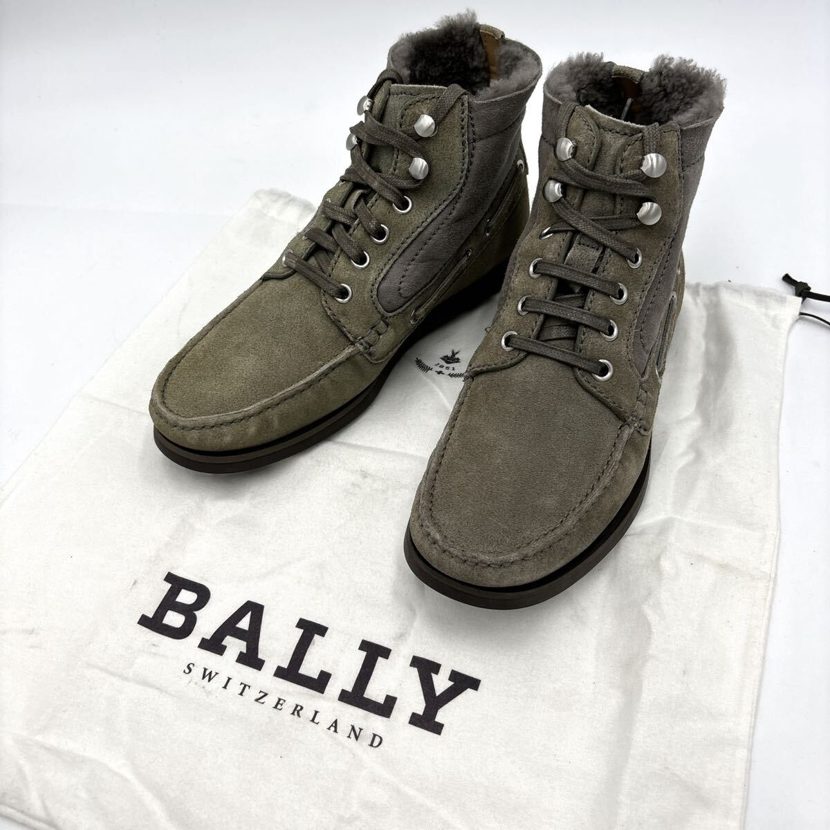 D ＊ 良品 保存袋付き '高級感溢れる' BALLY バリー 裏ボア 本革 レースアップ ムートン ショート ブーツ 6.5D 24.5cm メンズ シューズ_画像1