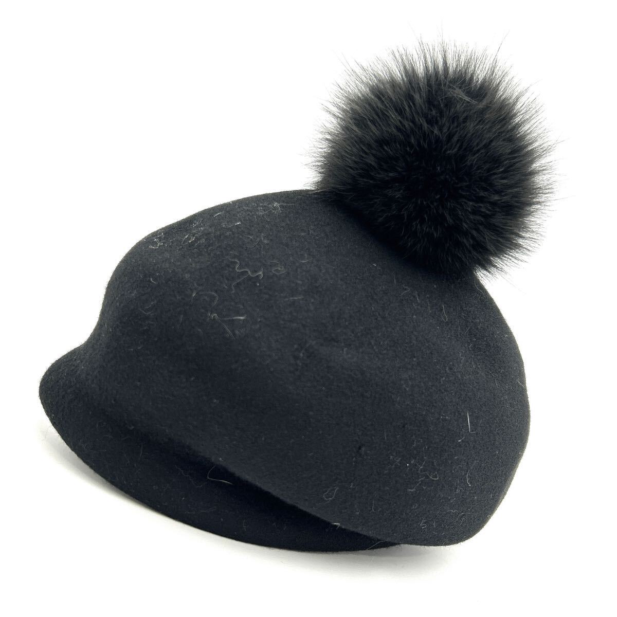 @ 日本製 '洗礼されたデザイン' CA4LA カシラ 高品質 WOOL フォックスファー ボンボン付き ベレー帽 キャップ 帽子 レディース BLACK 黒系 の画像1