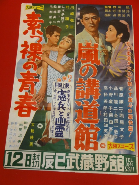 最終値下げ ub40064『素っ裸の青春/嵐の講道館』B2判ポスター 毛利郁子 紺野ユカ 仁木多鶴子 叶順子 川崎敬三 若尾文子 菅原謙二 その他