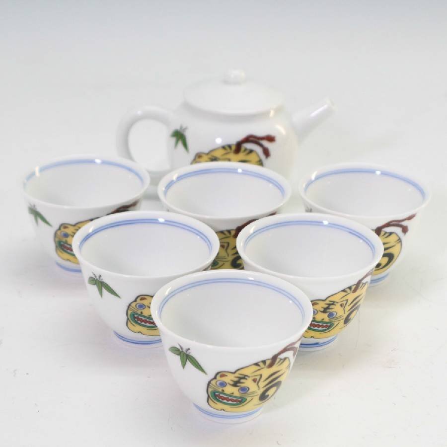 美品！京焼 幸斉 干支 寅 トラ 煎茶器揃え 急須1個/湯呑み茶碗6客セット◆802f08_画像1