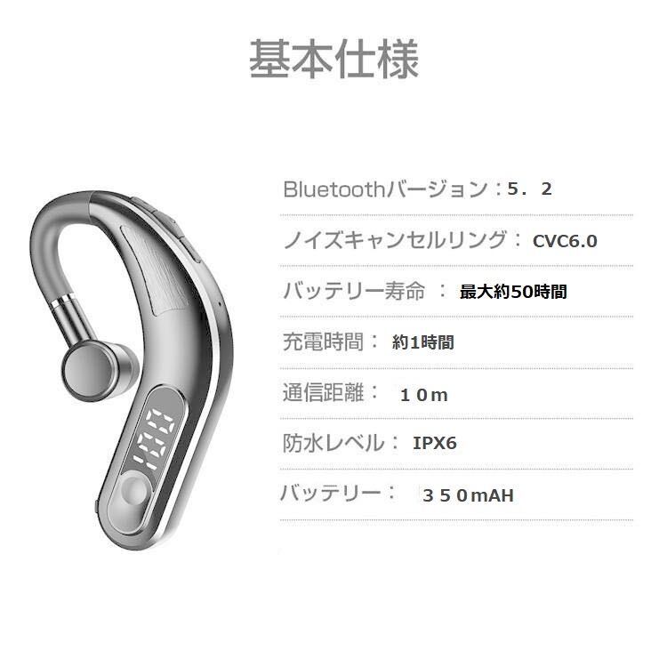 シングルイヤホン Bluetooth 5.2 耳掛け型 最大５０時間連続再生 高音質 片耳 左右通用 IPX6防水 日本語マニュアル付き ポーチ付き_画像4