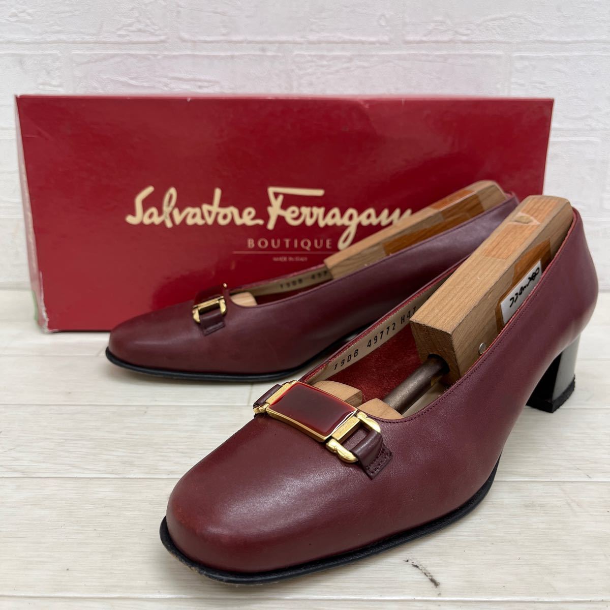 新 棚上 5 ◎ 箱付き イタリア製 Salvatore Ferragamo サルヴァトーレ フェラガモ パンプス ヒール ワインレッド レディース6の画像1