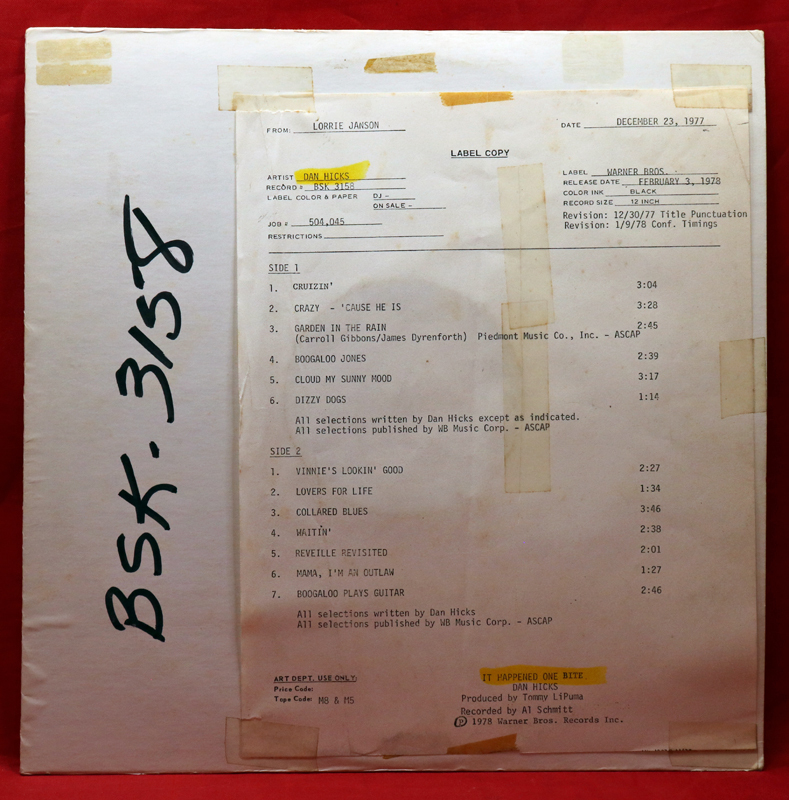 ★ キラーサウンド TEST PRESS★ 1978 US WBテストプレス【白ラベル The Mastering Lab】★ DAN HICKS / It Happened One Bite ♪ 美再生_画像1