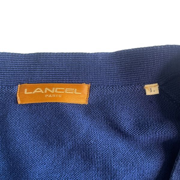 日本製 LANCEL PARIS ランセル パリ 5釦 ウール ニット カーディガン セーター レザーパッチ トップス ハイゲージ 古着 L ブルー 青_画像3