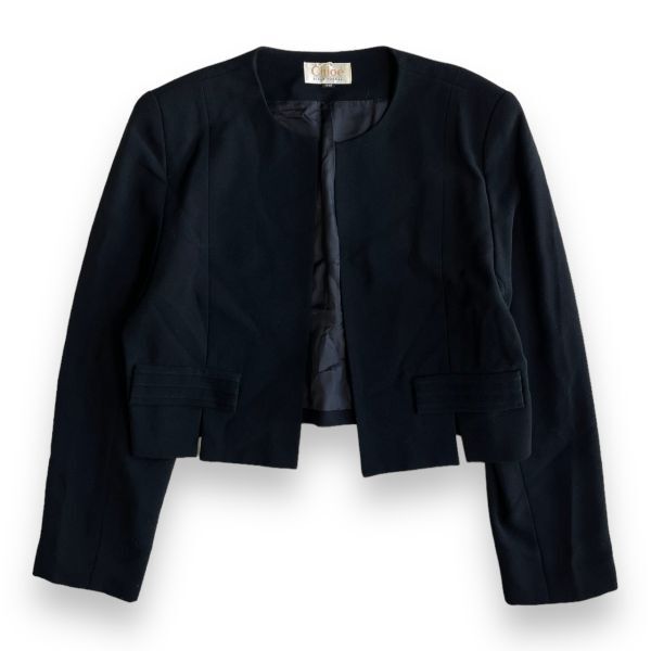 日本製 Chloe クロエ BLACK FORMAL ノーカラー ボタンレス テーラード ジャケット 冠婚葬祭 喪服 ブレザー スーツ 13AR ブラック 黒_画像1