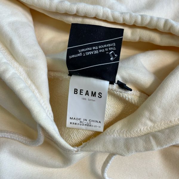 BEAMS T ビームス ティー 裏パイル デザイン プリント コットン スウェット プルオーバー パーカー フーディー フード L アイボリー系_画像4