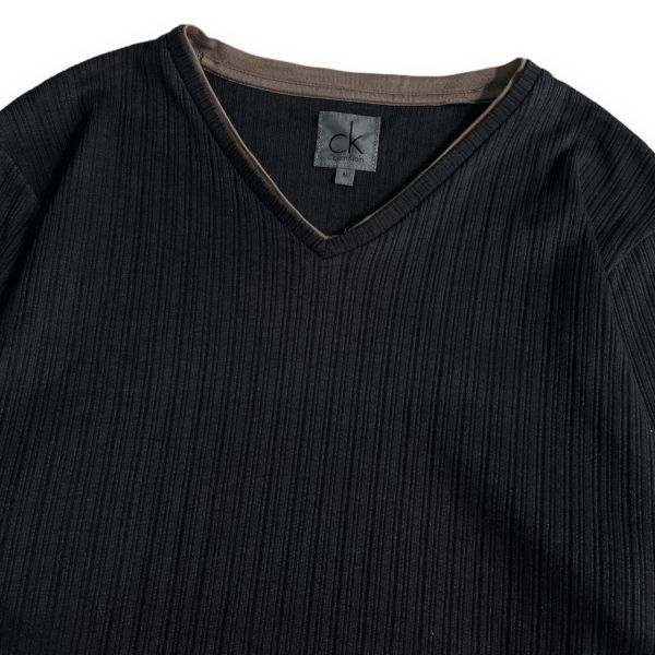 日本製 Calvin Klein CK カルバンクライン Vネック リブ コットン ポリエステル カットソー 長袖 Tシャツ ロンT トップス M ブラック系_画像2