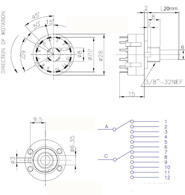 2 circuit 6 contact panel installation 2P6T rotary switch RS26