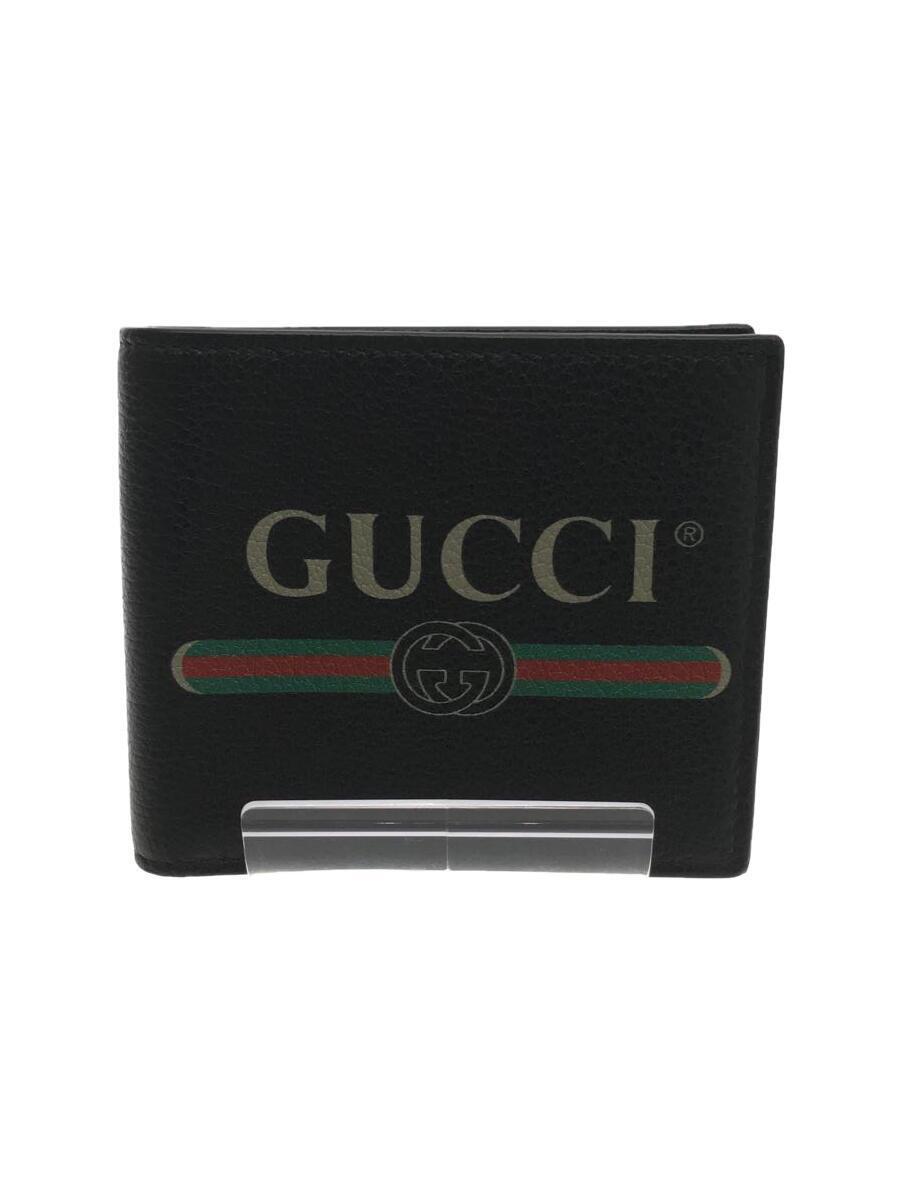 GUCCI◆グッチ/2ツ折サイフ_GUCCIプリント/レザー/ブラック/496316.203887