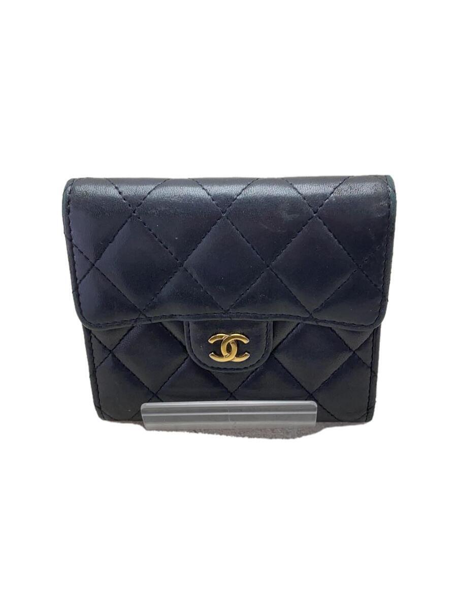 CHANEL◆マトラッセ/3つ折り財布/-/BLK/無地/レディース