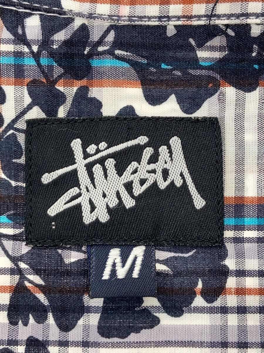 STUSSY◆90s イチョウ柄S/Sチェックシャツ/M/コットン/WHT-NVY_画像3