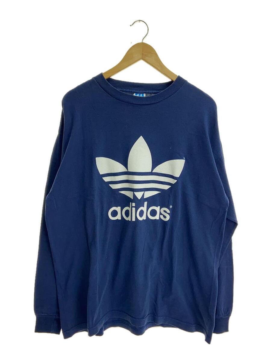 adidas◆推定90s/USA製/トレフォイルロゴ/長袖Tシャツ/L/コットン/NVY/両面プリント