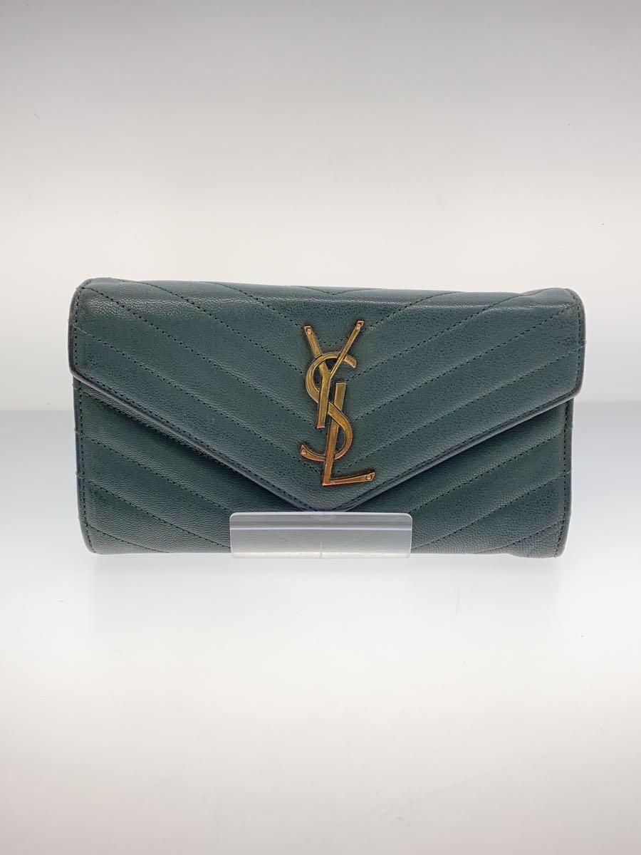 YVES SAINT LAURENT◆長財布/レザー/GRN/無地/レディース