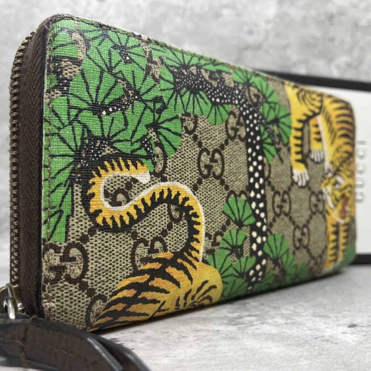 【希少/極美品】 GUCCI グッチ メンズ 長財布 ラウンドファスナー スプリーム タイガー 虎 ベンガル 茶 PVC レザー 本革 プリント 男女兼用_画像1