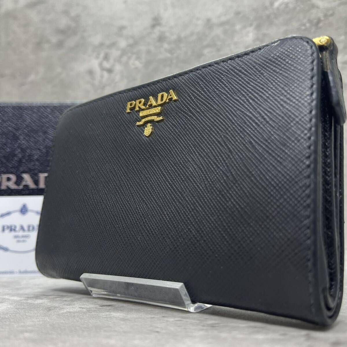 【未使用級/付属品完品】 PRADA プラダ ニつ折り財布 サフイアーノ L字ファスナー レザー メンズ レディース カードケース 小銭入れ 札入れの画像1