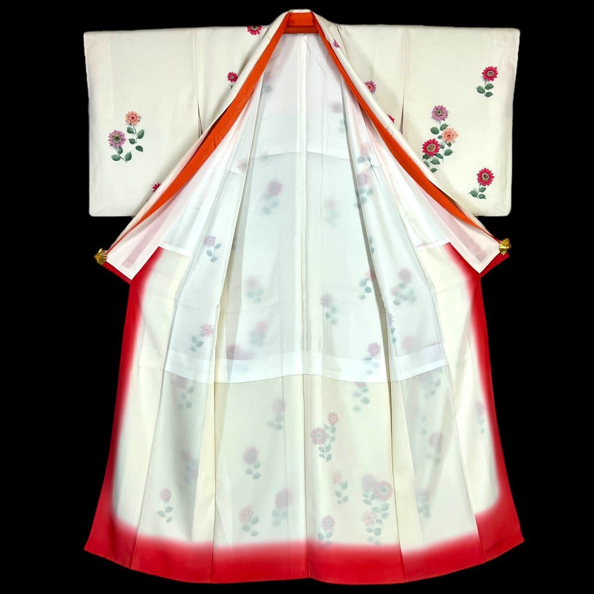 付下げ小紋 付下げ 附下 付け下げ 比翼襟付 袷着物 着物 きもの 白 花柄 リサイクル着物 kimono 中古 仕立て上がり 身丈165cm 裄丈65cmの画像7