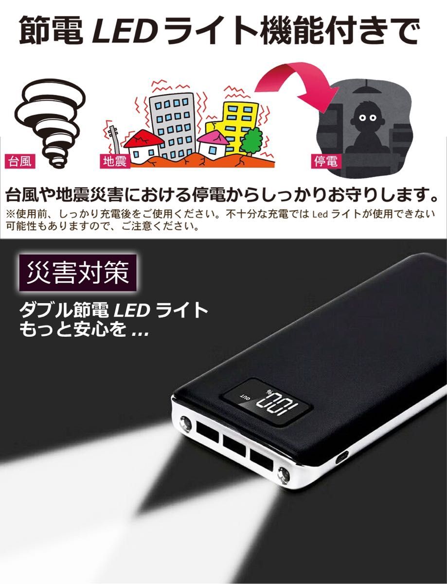 モバイルバッテリー  大容量50000mAh　3台同時充電可能　急速充電　LEDライト付　PSE認証済　カラー：ホワイト