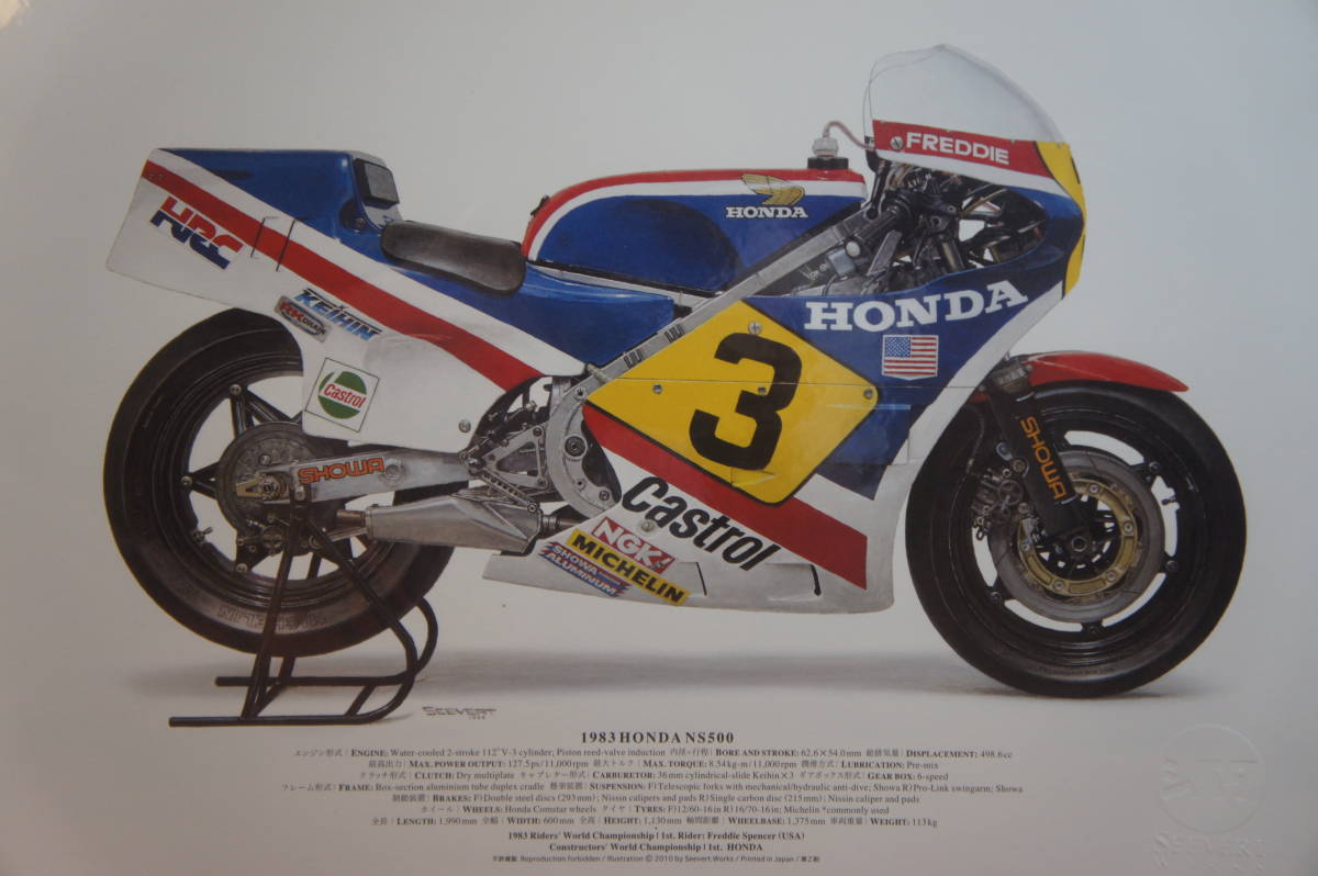 イラストポスター A3版 1983 HONDA NS500 ホンダ ２サイクル V3エンジン レーサー 検：バイク オートバイ_画像1