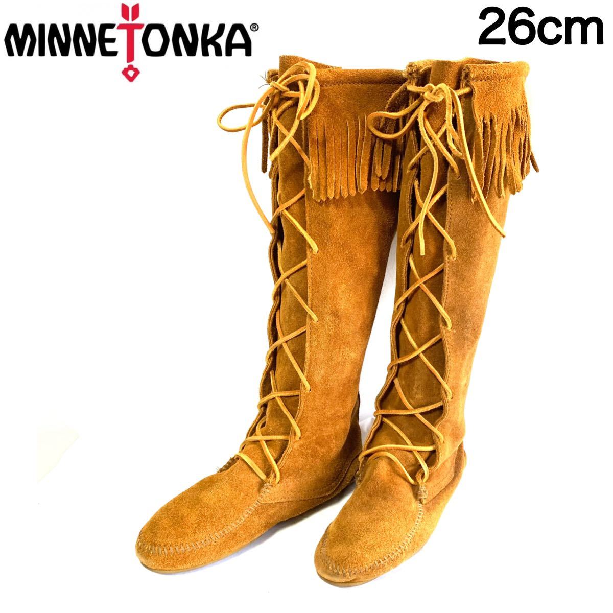 Minnetonka ミネトンカ モカシン ロングブーツ 編み上げ スエード フリンジ 26cm_画像1