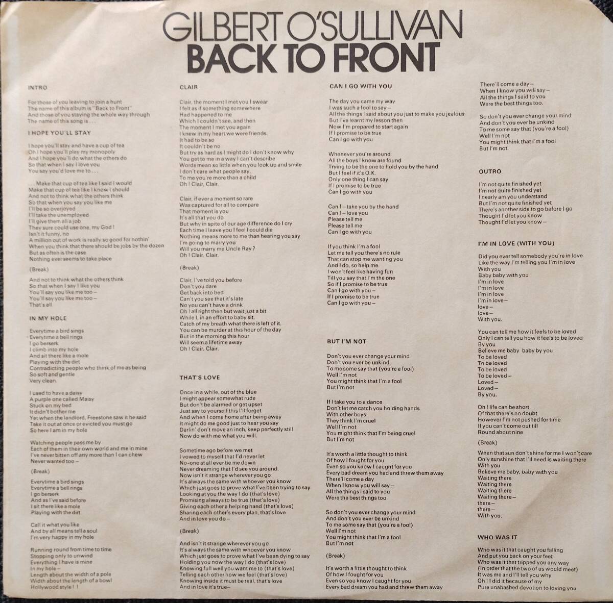 Back to Front　Gilbert O'sulliban　US輸入盤　カット盤　Clair収録_画像3