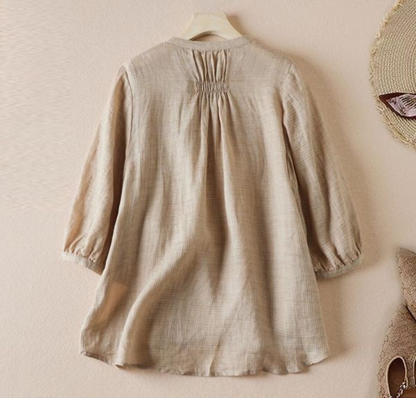  new arrival ~ tunic lady's 7 minute sleeve blouse plain tunic body type cover large size easy tops simple ~ khaki 