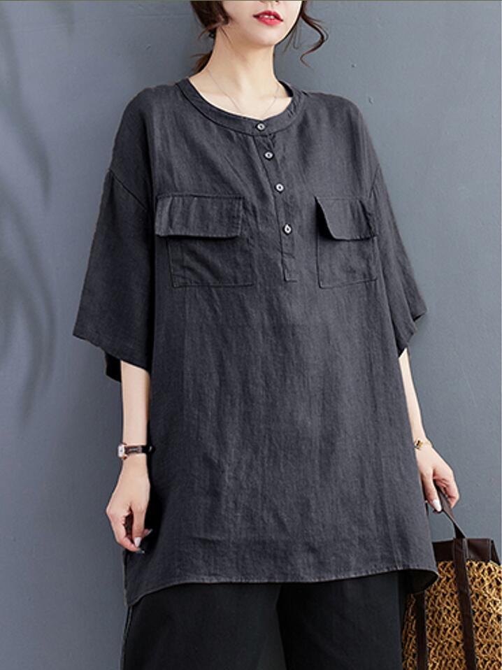 新入荷～ チュニック ロングシャツ レディース 夏 綿麻 半袖 大きいサイズ ゆるシルエット 無地 ～灰～M_画像2