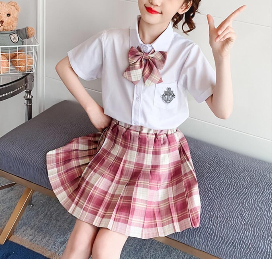  uniform 2 point set sailor suit girl child clothes short sleeves shirt pleated skirt check pattern Kids JK uniform A line school uniform ribbon attaching ~ purple 