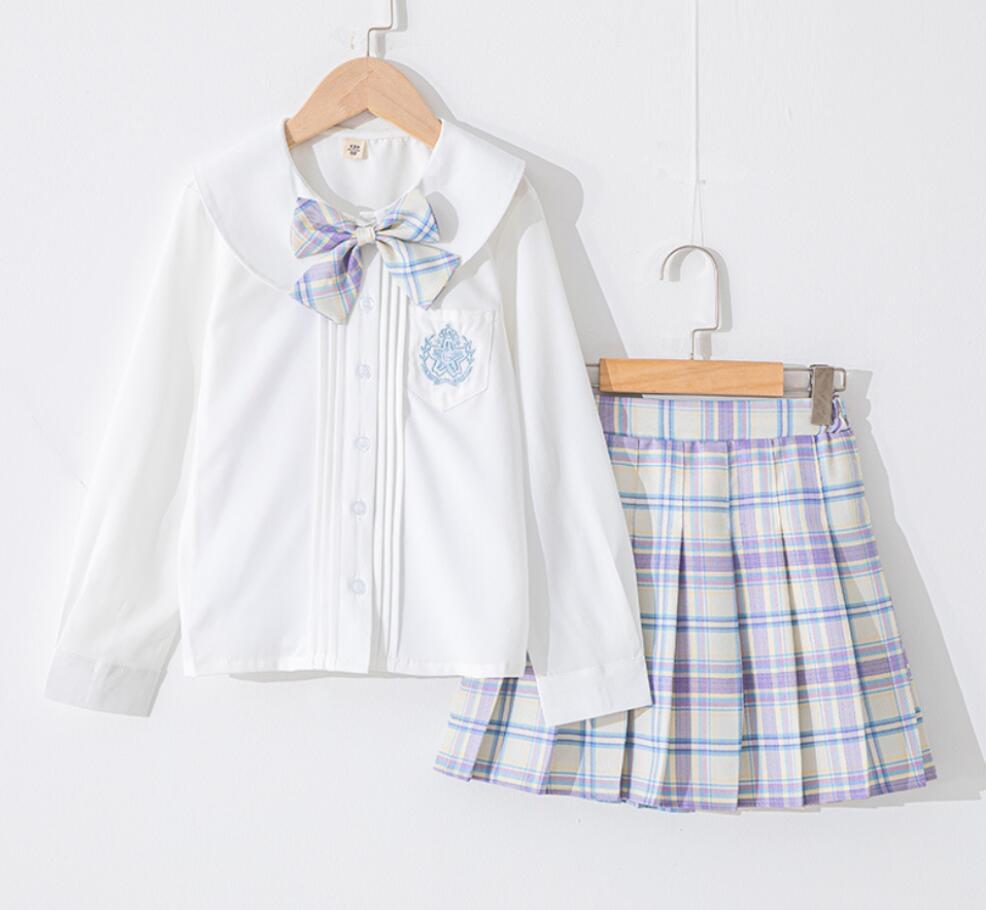 制服 2点セット セーラー服 女の子 子供服 半袖シャツ プリーツスカート 卒業式 チェック柄 キッズ JK制服 Aライン リボン付～パープル_画像1