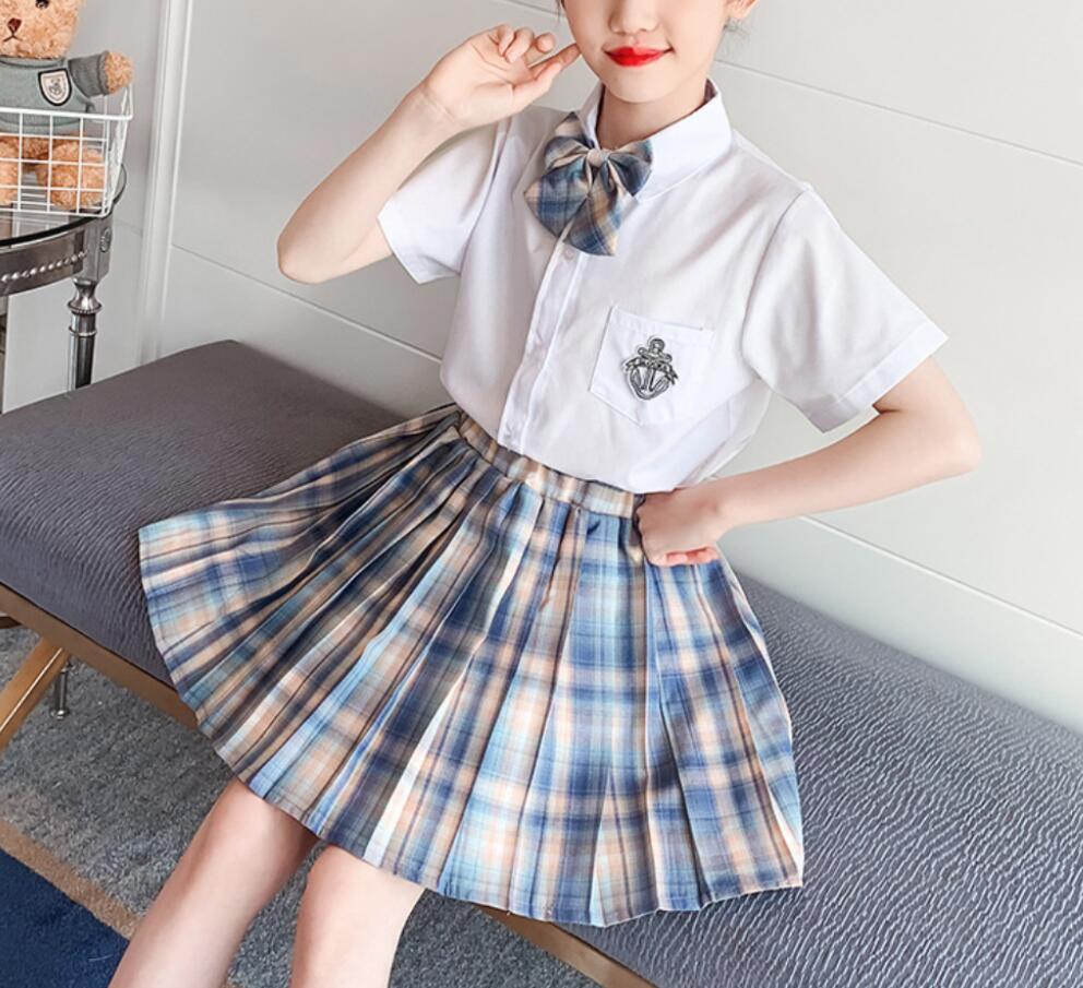  uniform 2 point set sailor suit girl child clothes short sleeves shirt pleated skirt check pattern Kids JK uniform A line school uniform ribbon attaching ~ purple 