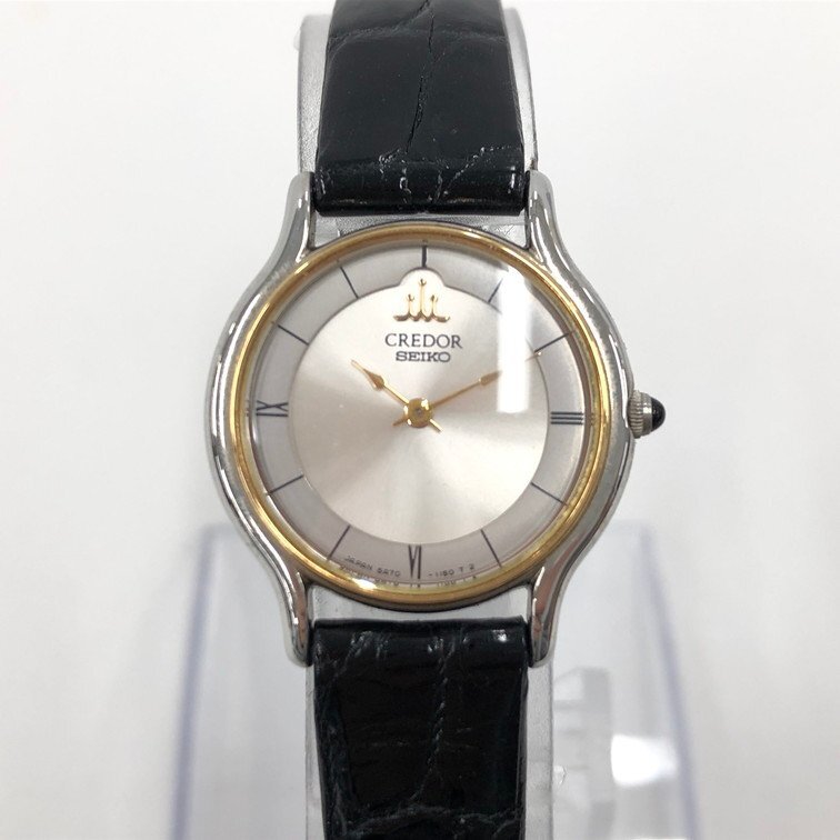 SEIKO セイコー クレドール QZ SS×18KT×革 5A70-0610/7D0030 白文字盤 不動 リューズ〇【CCAT3021】_画像1