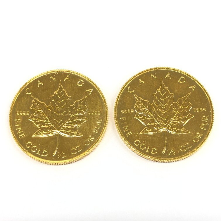 K24IG　カナダ　メイプルリーフ金貨　1/2oz　1986　2枚まとめ　総重量31.3g【CCAR6042】_画像1