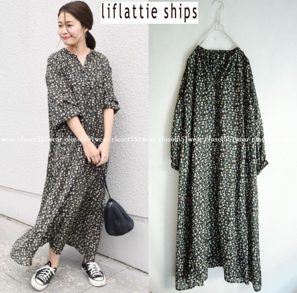 2019 美品liflattie shipsシップス☆レトロフラワーボタンワンピース F ブラック 日本製★17604円_画像1