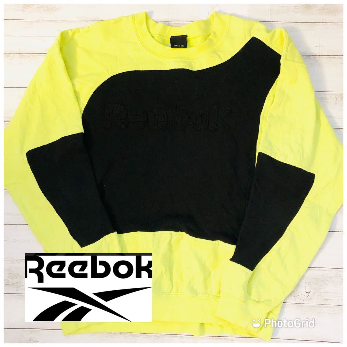  Reebok Reebok XS обратная сторона ворсистый two цветный большой Logo тренировочный футболка флуоресценция желтый × черный 